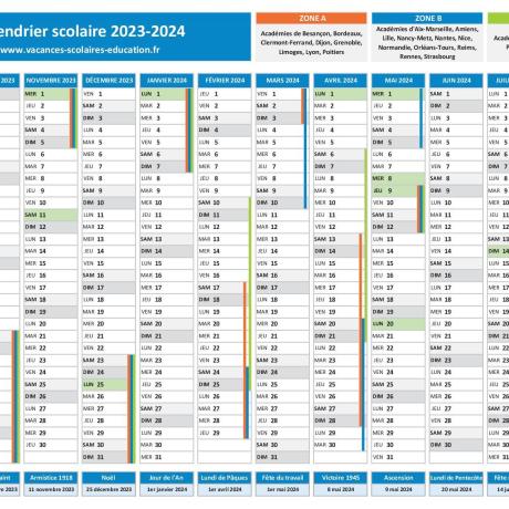 Calendrier 2024 avec vacances scolaires et jours fériés à imprimer