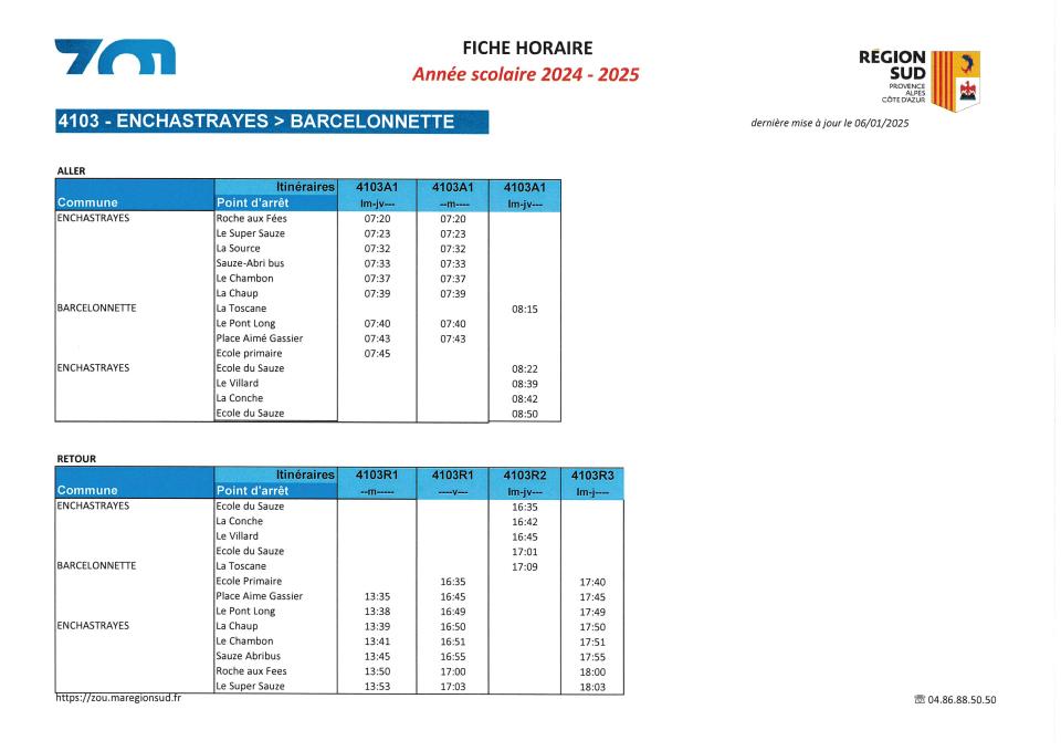 HORAIRES ZOU 2024 2025