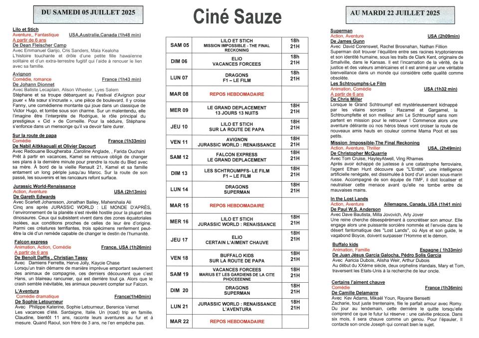 programme cinéSauze du 5 au 22 juillet 2025