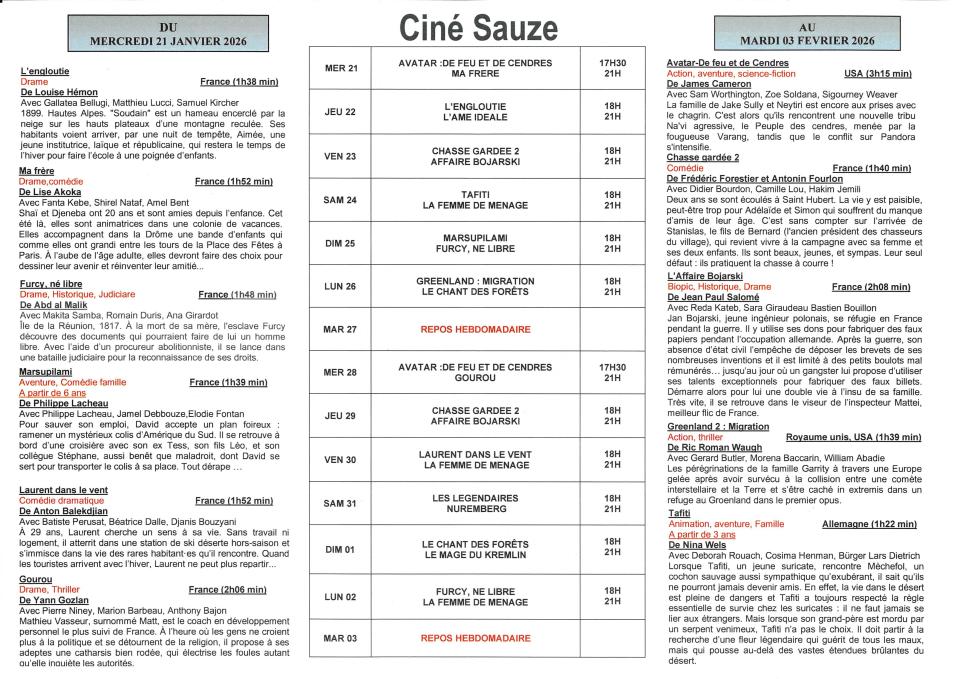 programme du cinéma du 21 janvier au 3 février 2026.