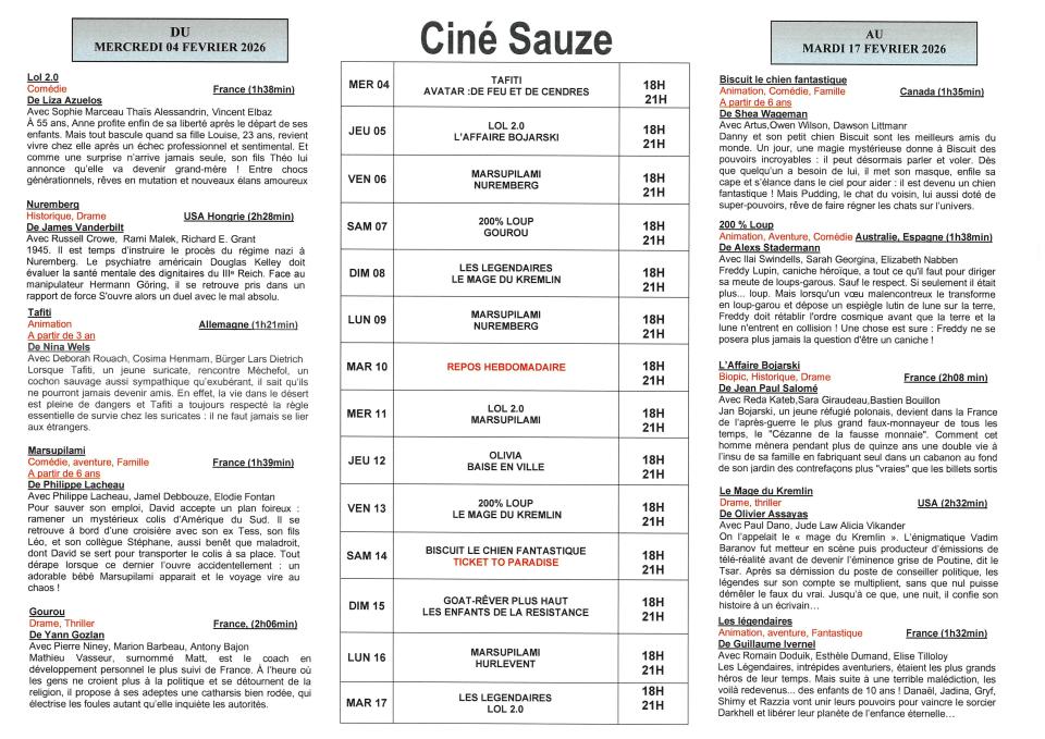 programme cinéSauze du 4 au 17 février 2026.