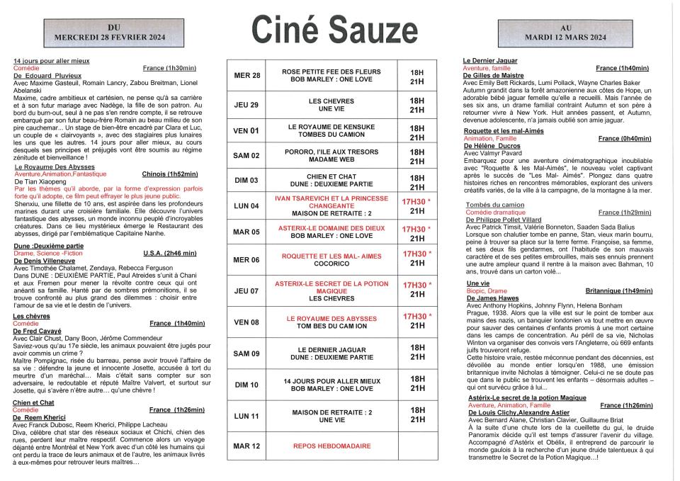 PROGRAMME CINESAUZE DU 28/02 AU 12/03