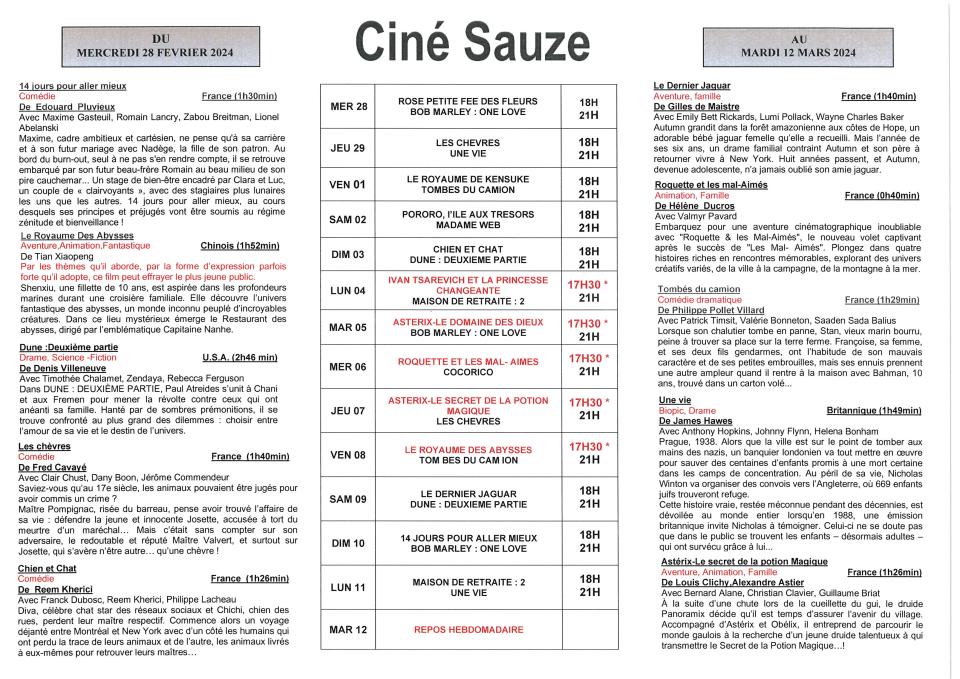 PROGRAMME CINESAUZE DU 28/02 AU 12/03