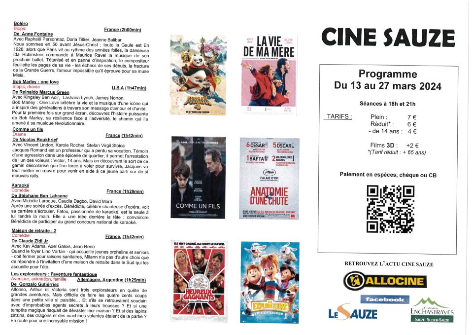 programme cinéSauze du 13 au 27 mars 2024